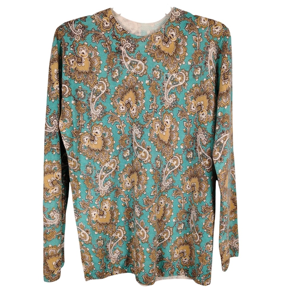 NWT Kim Rogers Womens XL Paisley Knit Top Turquoise Multicolor Boho Grannycore